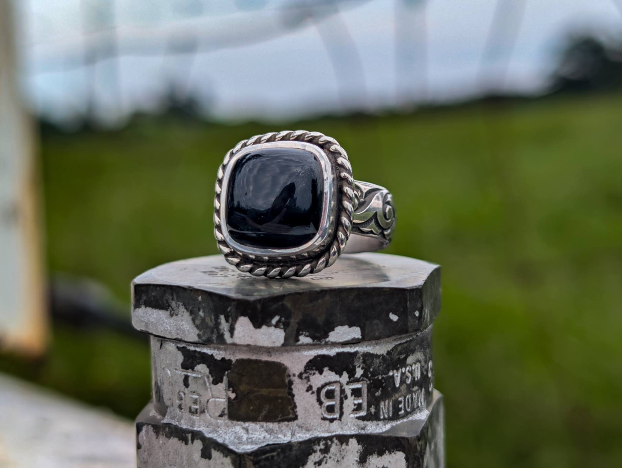 Black Onyx Floral Sterling Silver Ring